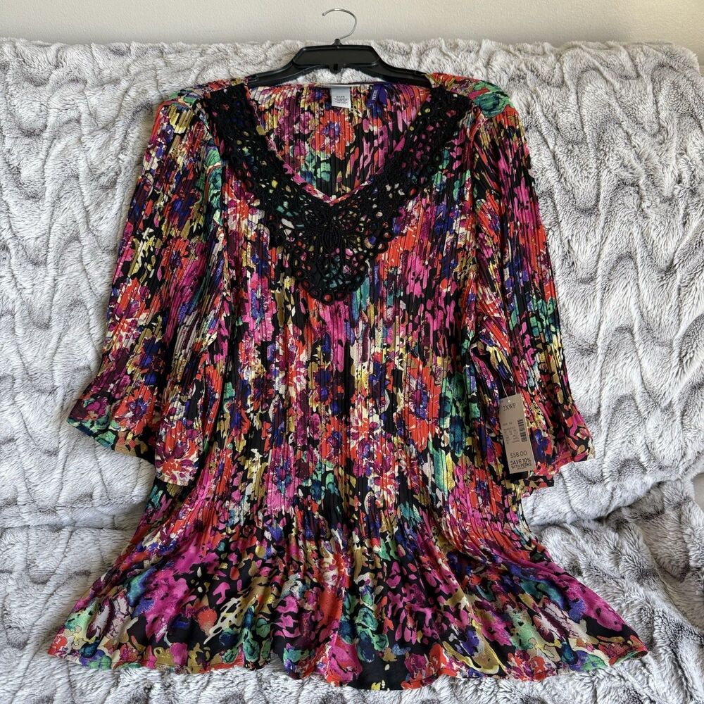 Catherines Pink Tunic Floral With Bell Sleeve 2XWP Plus Petite New B16